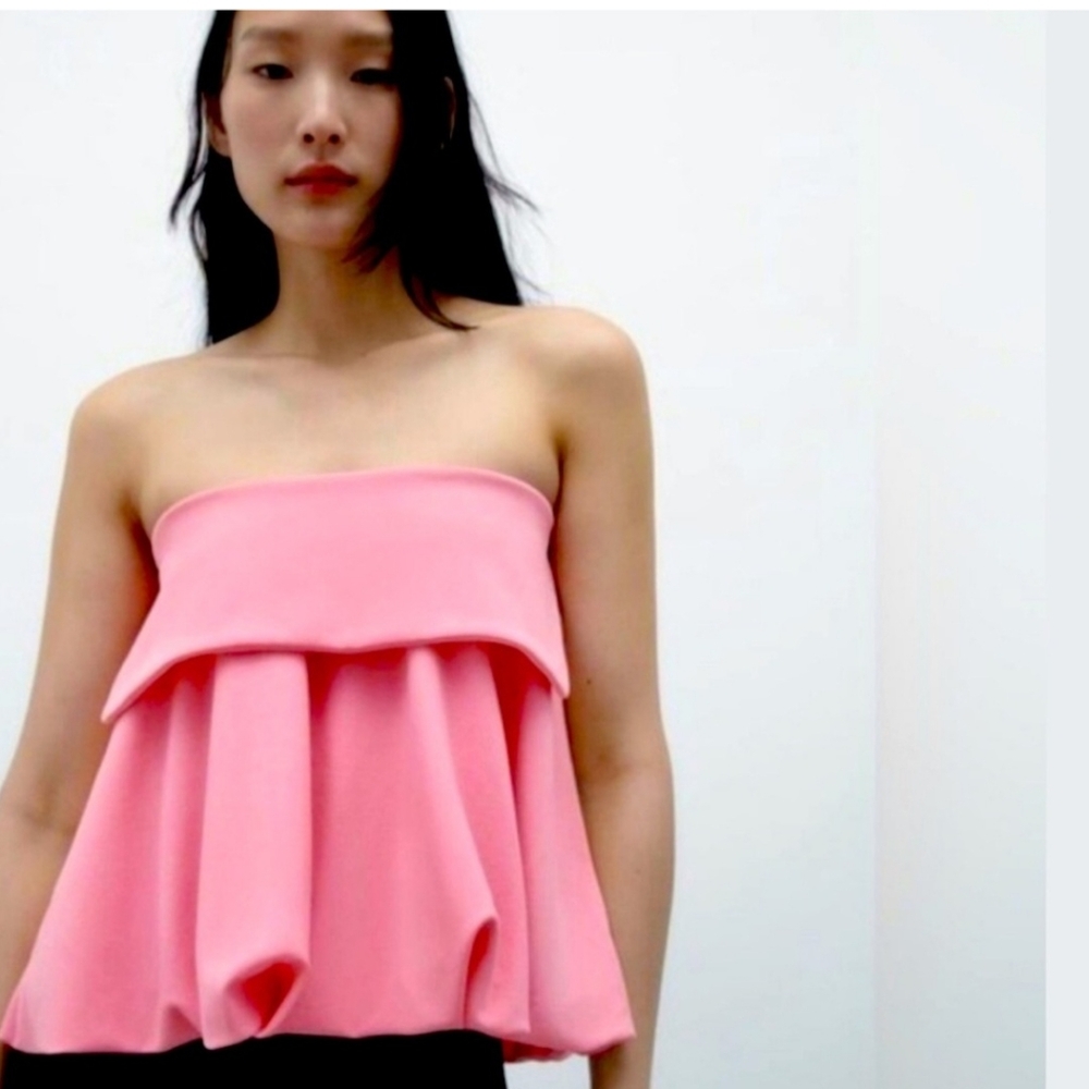 Zara Pink Strapless Bubble Hem Peplum Tube Top